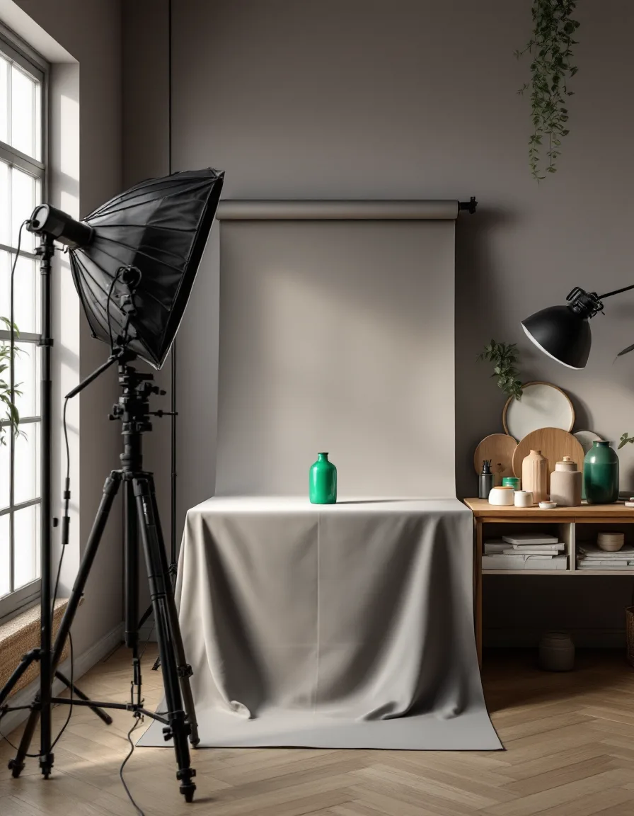 A softbox lighting a bottle on a grey seamless sweep inside the Fennwick Yard studio
