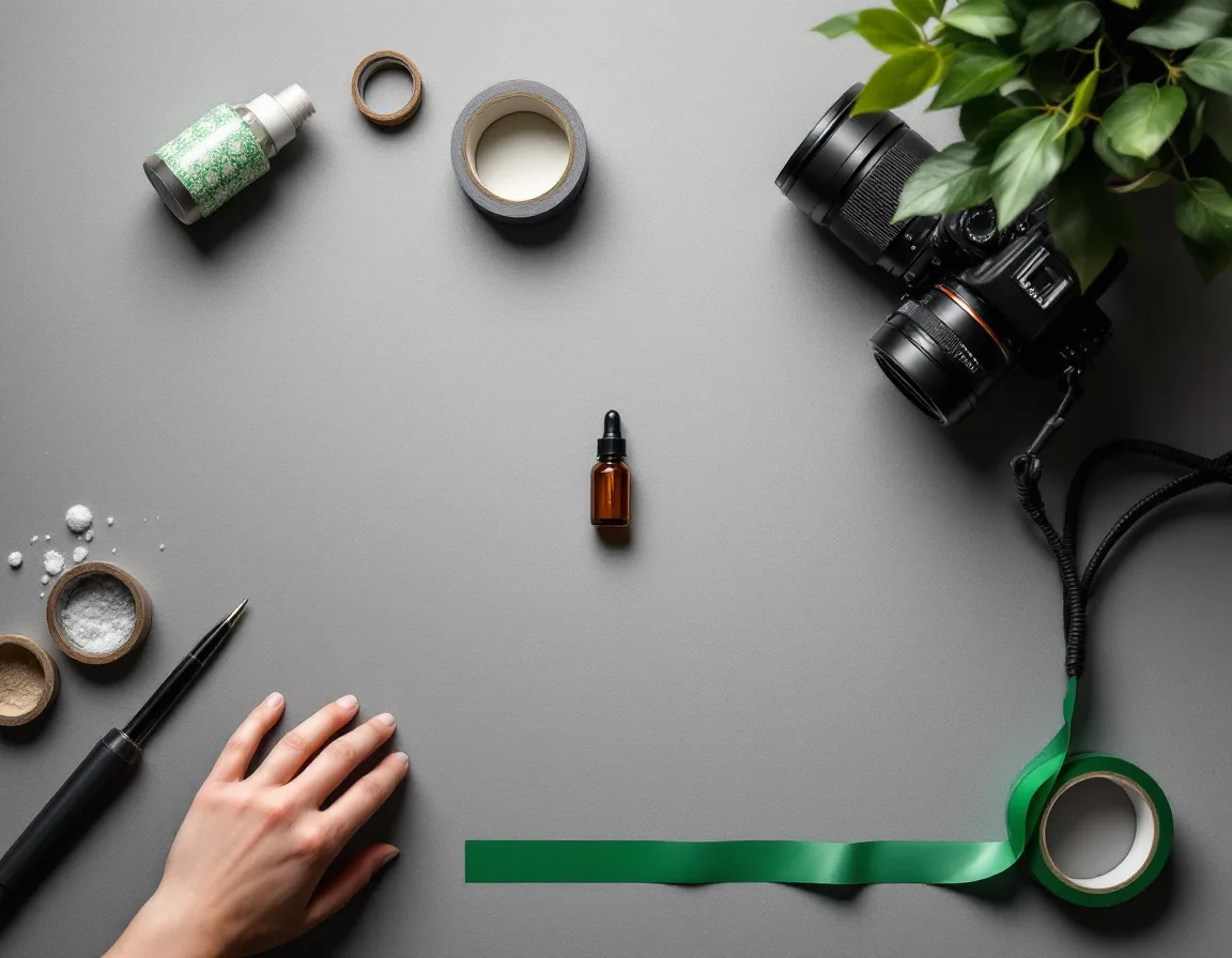 Overhead view of a Fennwick Yard product photography bench with camera, lens and a bottle on a seamless sweep